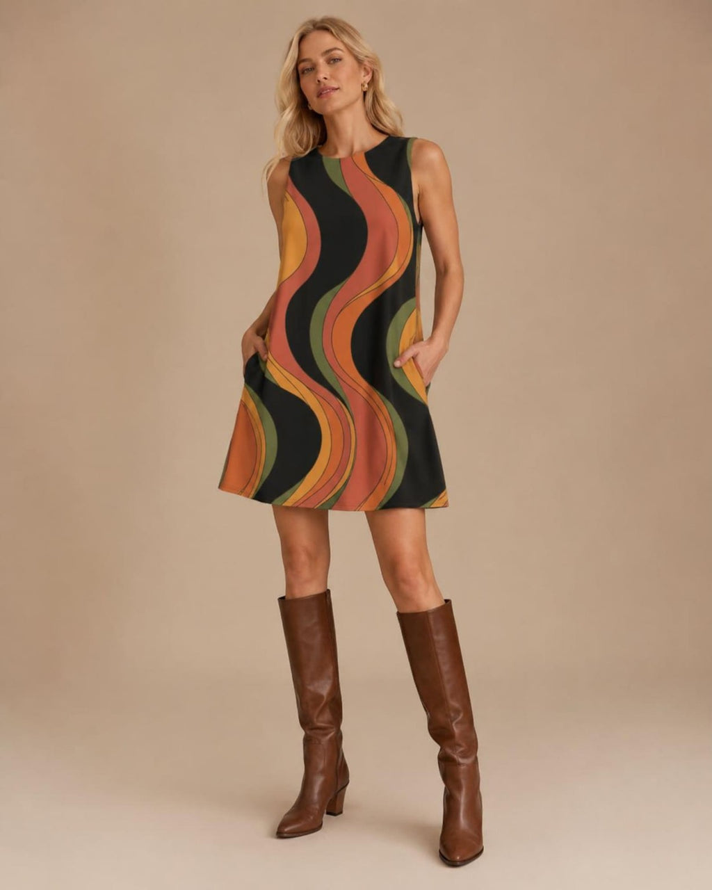 Retro Wave A-Line Pocket Dress studio full length view