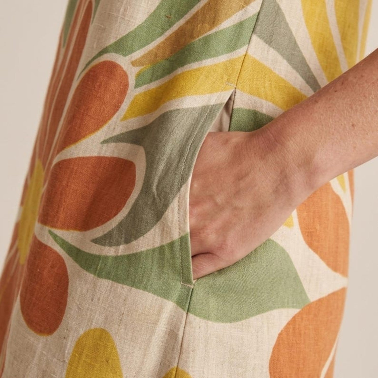 Pocket detail on sunflower floral A-line dress