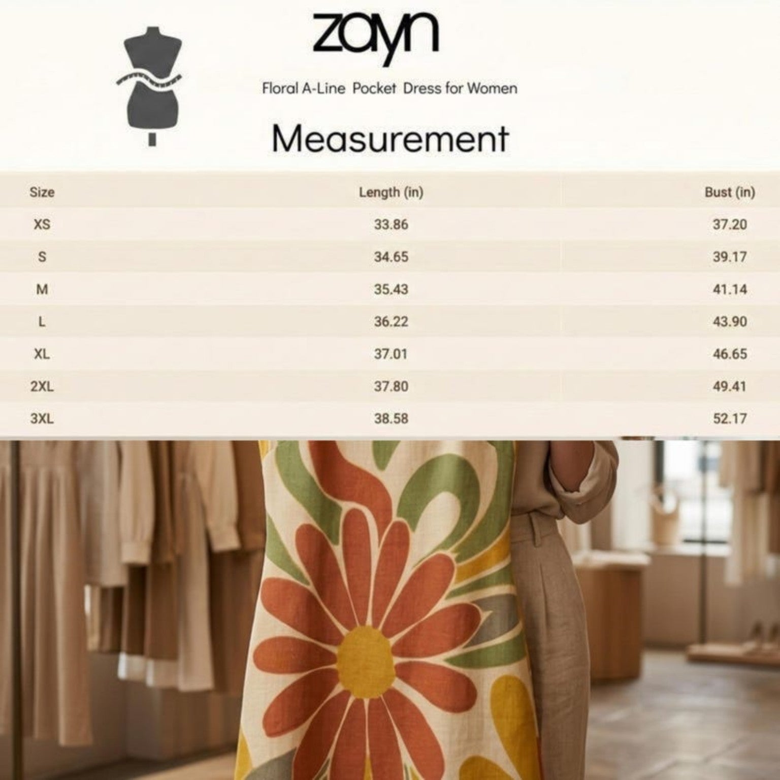 Sunflower floral A-line pocket dress size chart in inches