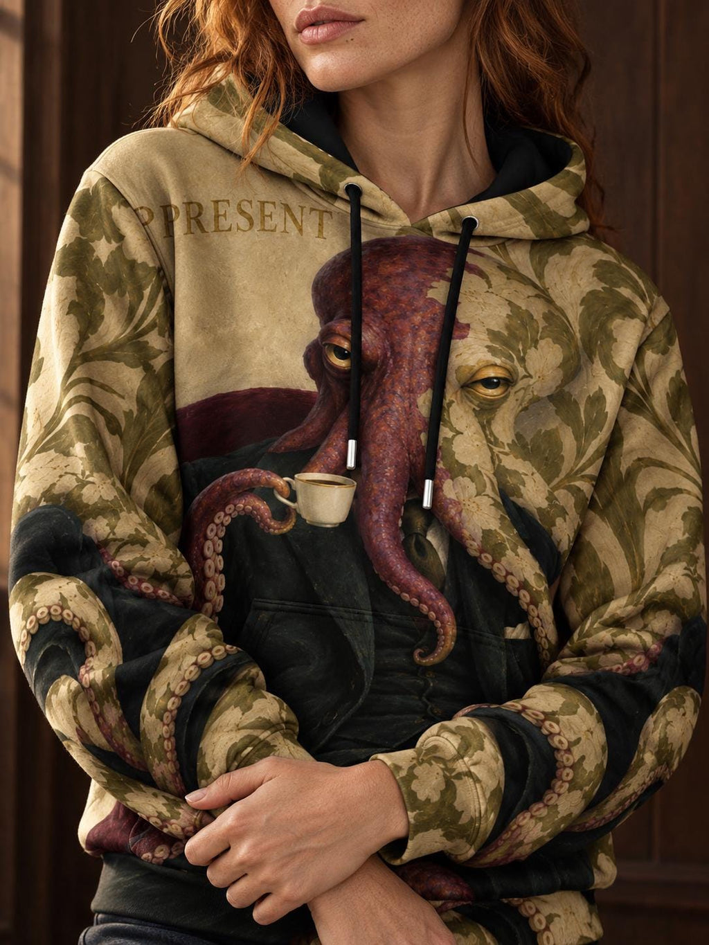 Surreal octopus vintage art unisex cotton pullover hoodie — view 4