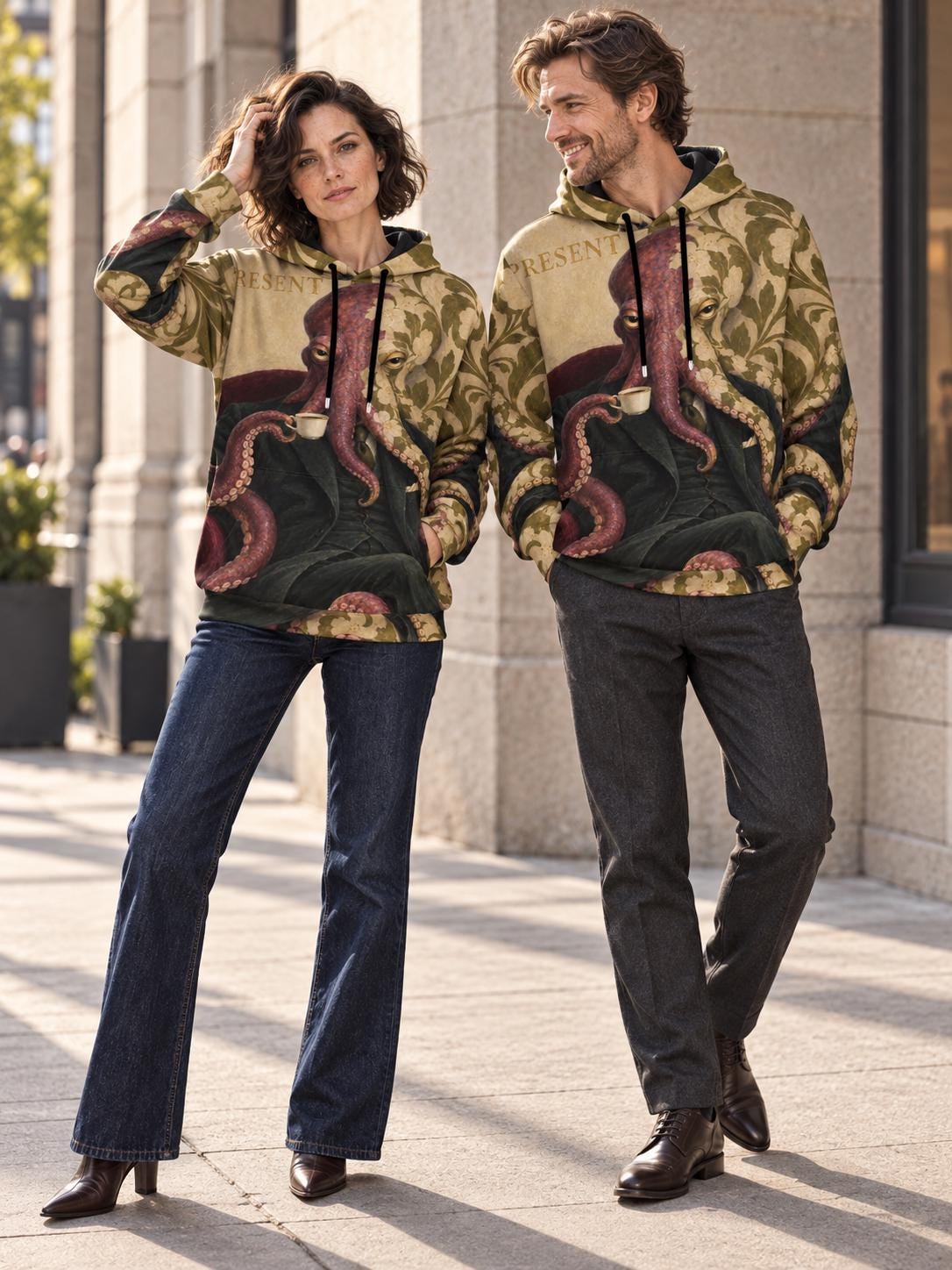 Surreal octopus vintage art unisex cotton pullover hoodie — view 5