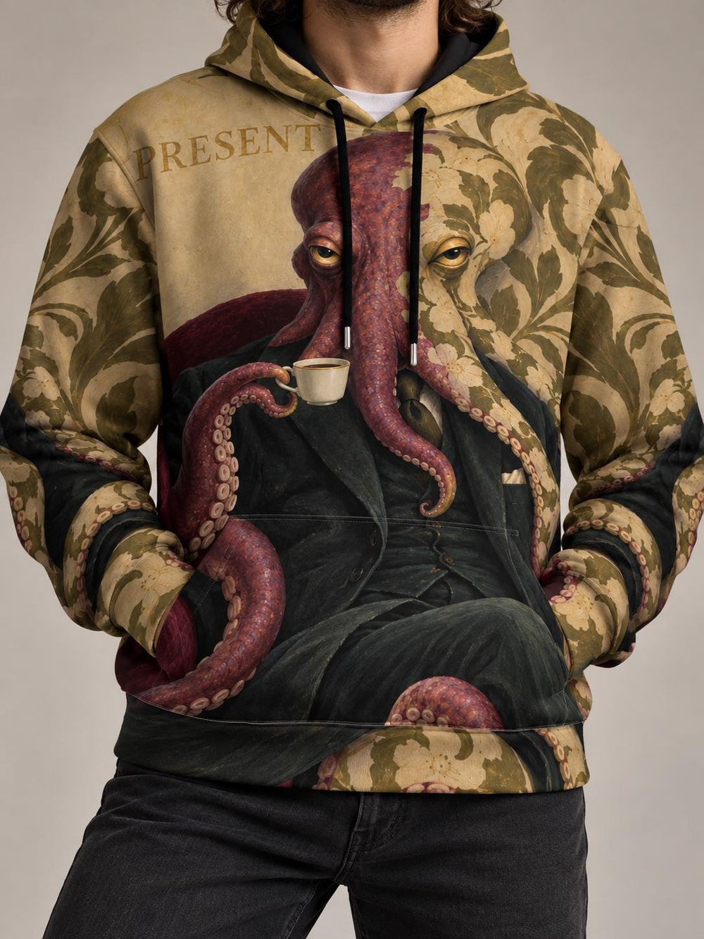 Unisex cotton pullover hoodie with surreal octopus portrait and botanical vintage print