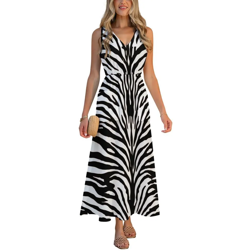 Zebra print sleeveless V-neck maxi dress with front pockets product view